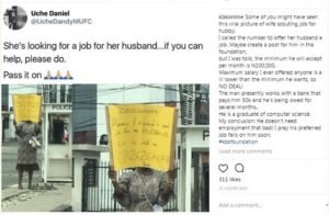 Man rejects job offer after wife carried placard to get him one, wants 200k.dailyfamily.ng