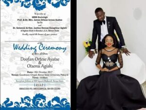 Tor Tiv, the 5th His Royal Majesty, Prof. James Ayatse of Benue state gave out his daughter, Dr Doofan Ayatse's who is a medical doctor in marriage for just a thousand naira dowry.dailyfamily.ng