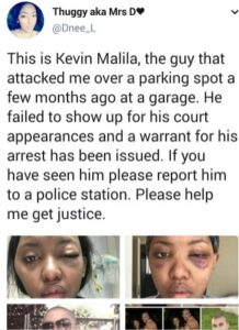 Lady allegedly beaten by man over parking space seeks Justice.dailyfamily.ng