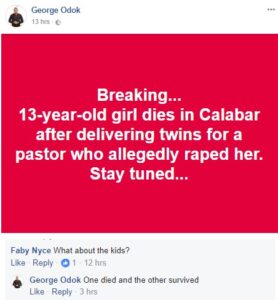 13-year-old girl allegedly impregnated by Pastor dies while delivering twins.dailyfamily.ng