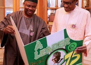Amosun presents Buhari with a giant card