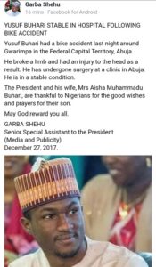 Presidency's official release on Buhari's son accident