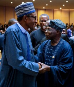 President Buhari and Chief Olusegun Obasanjo exchanging plesantries at AU Meeting in Ethiopia