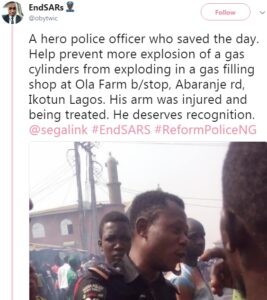 Police Officer injures his arm as he stops gas explosion.dailyfamily.ng