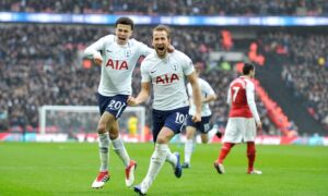 Tottenham's players celebrating Goal